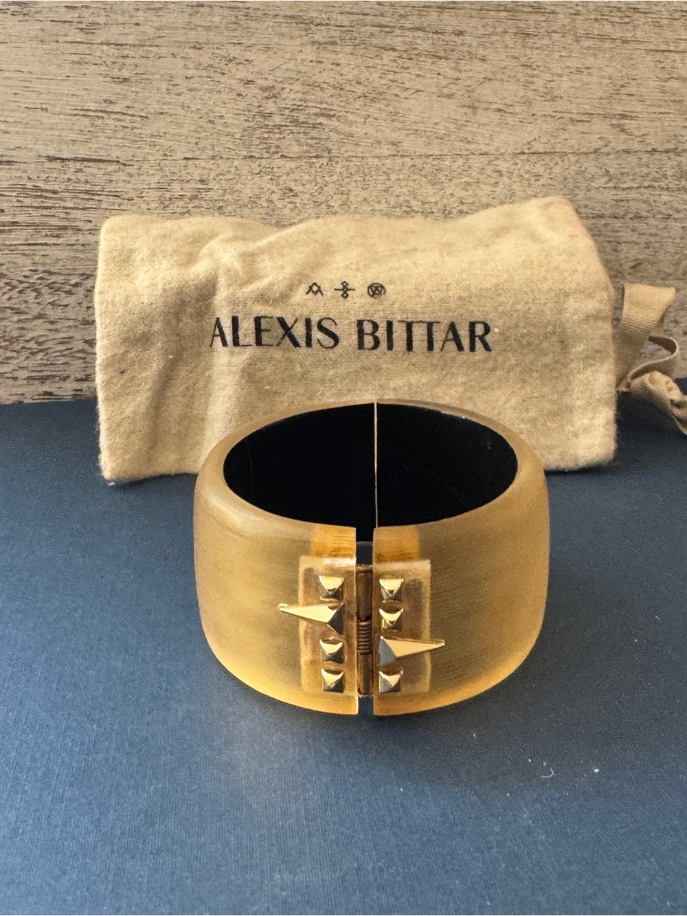 Alexis Bittar Amber Lucite Hinged Cuff Gold Spike Stud Bracelet w/ Pouch